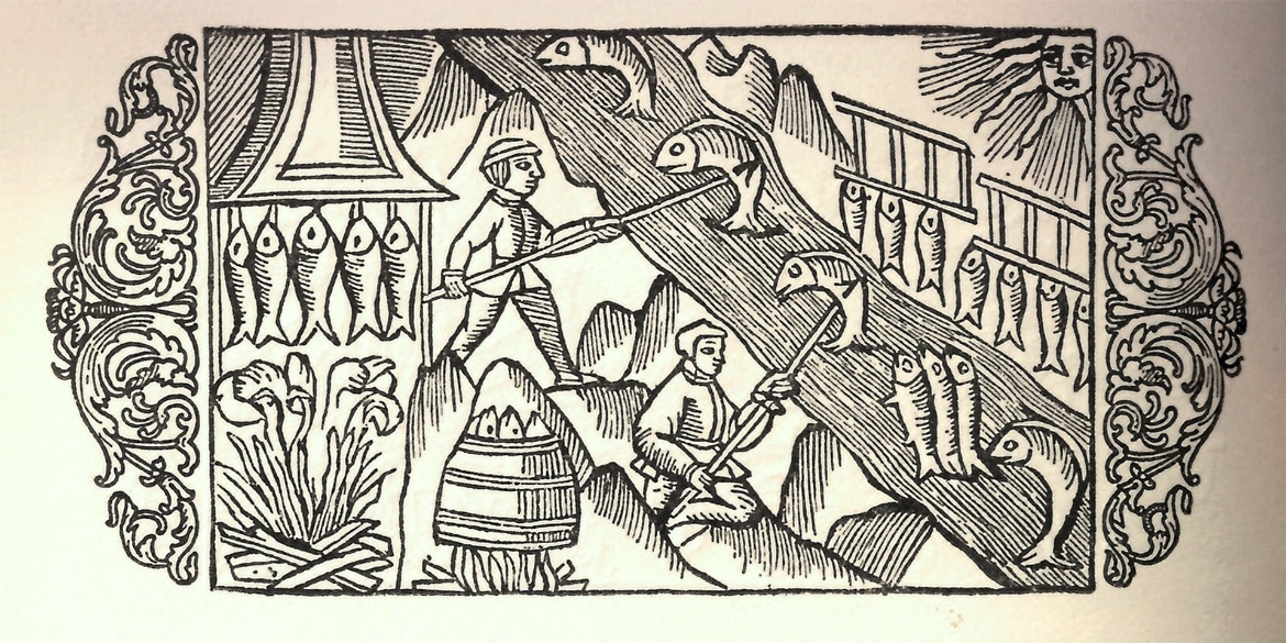 en ritad bild som visar två personer som fångar lax i en älv.